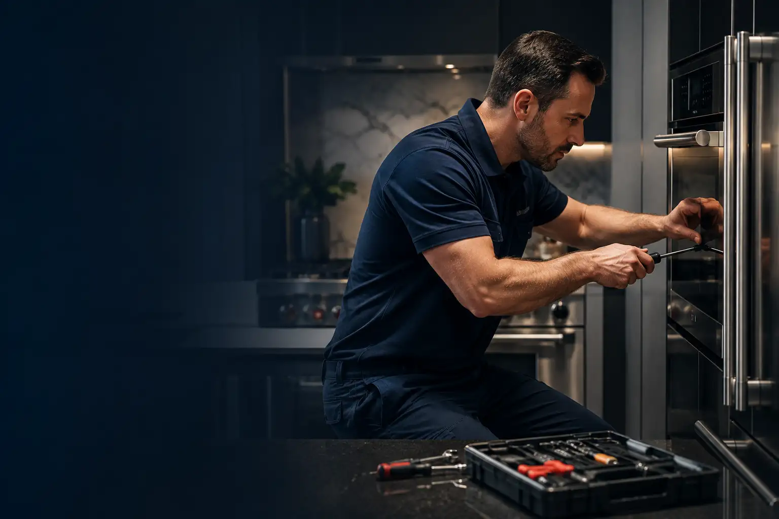 Appliance repair technician servicing premium kitchen appliances