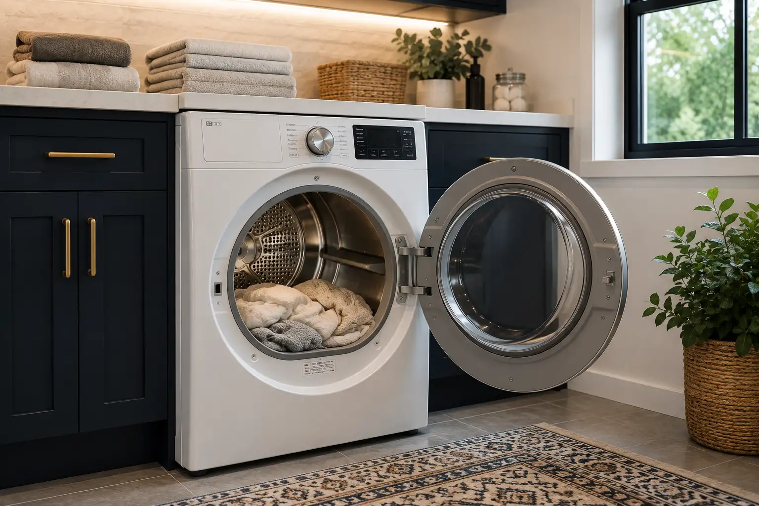 Modern residential dryer in a premium laundry room
