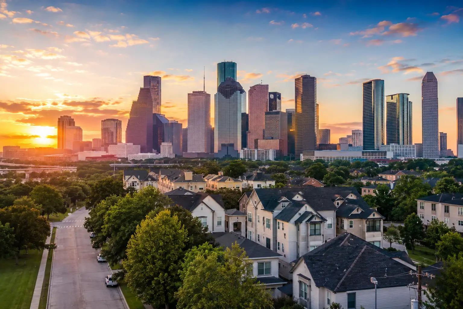 Houston Texas residential neighborhood and skyline