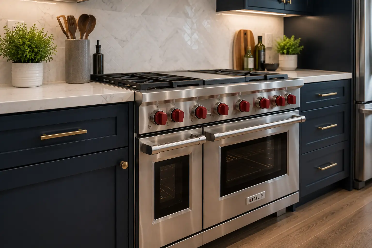 Modern stainless steel range and oven in a residential kitchen