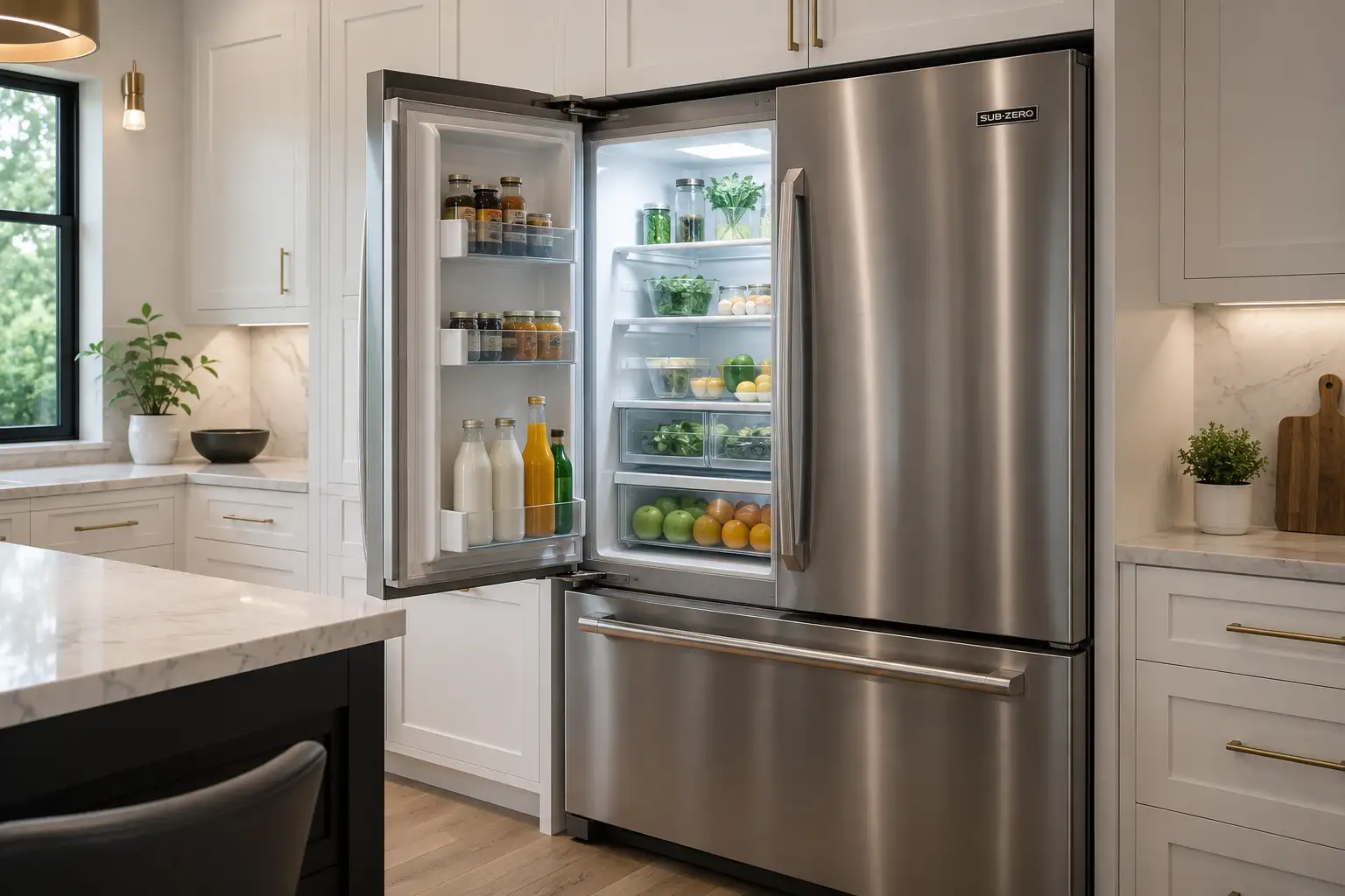 Modern refrigerator and freezer in a residential kitchen