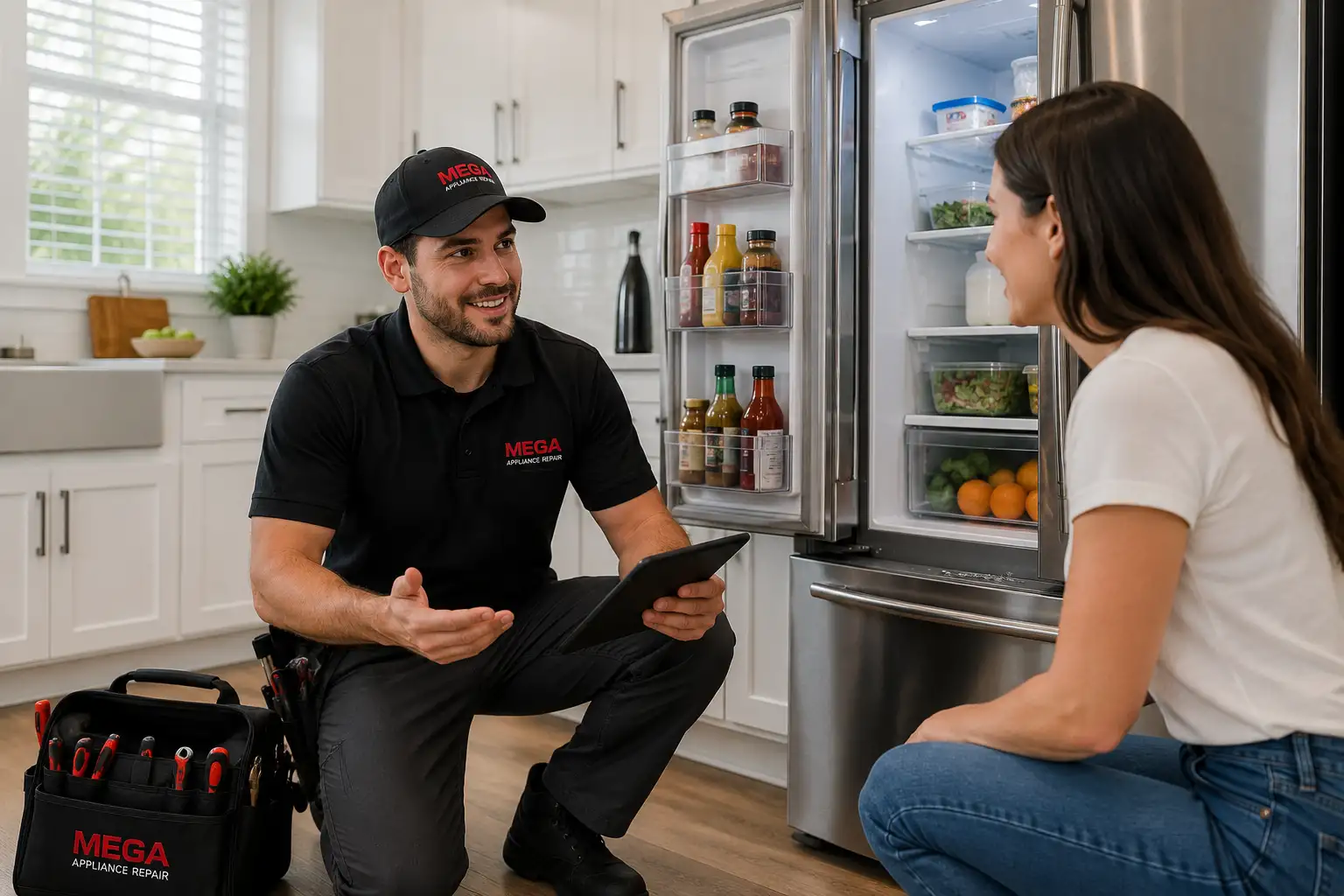 Refrigerator repair technician helping a customer in Houston