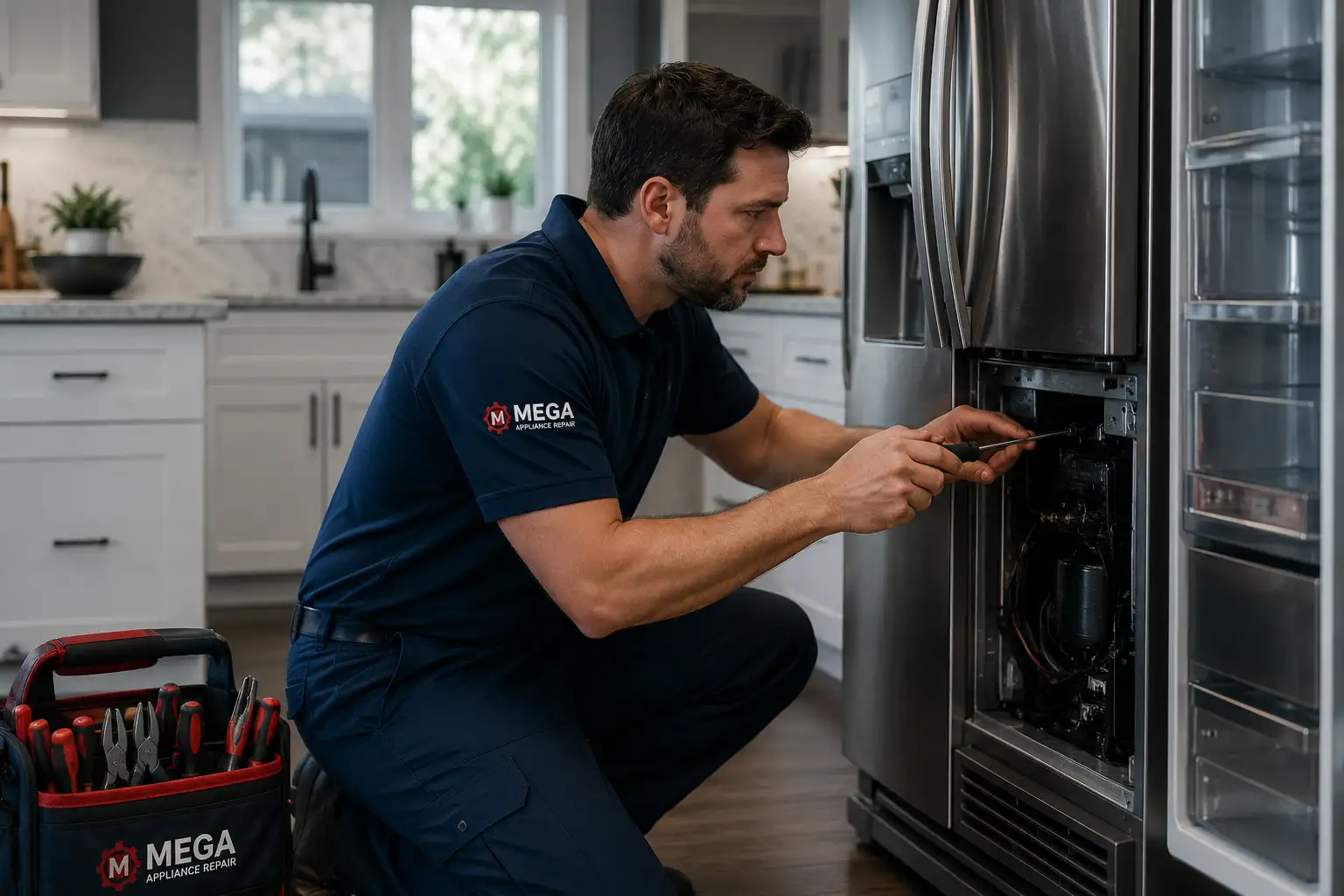 Professional appliance repair technician servicing a modern home appliance