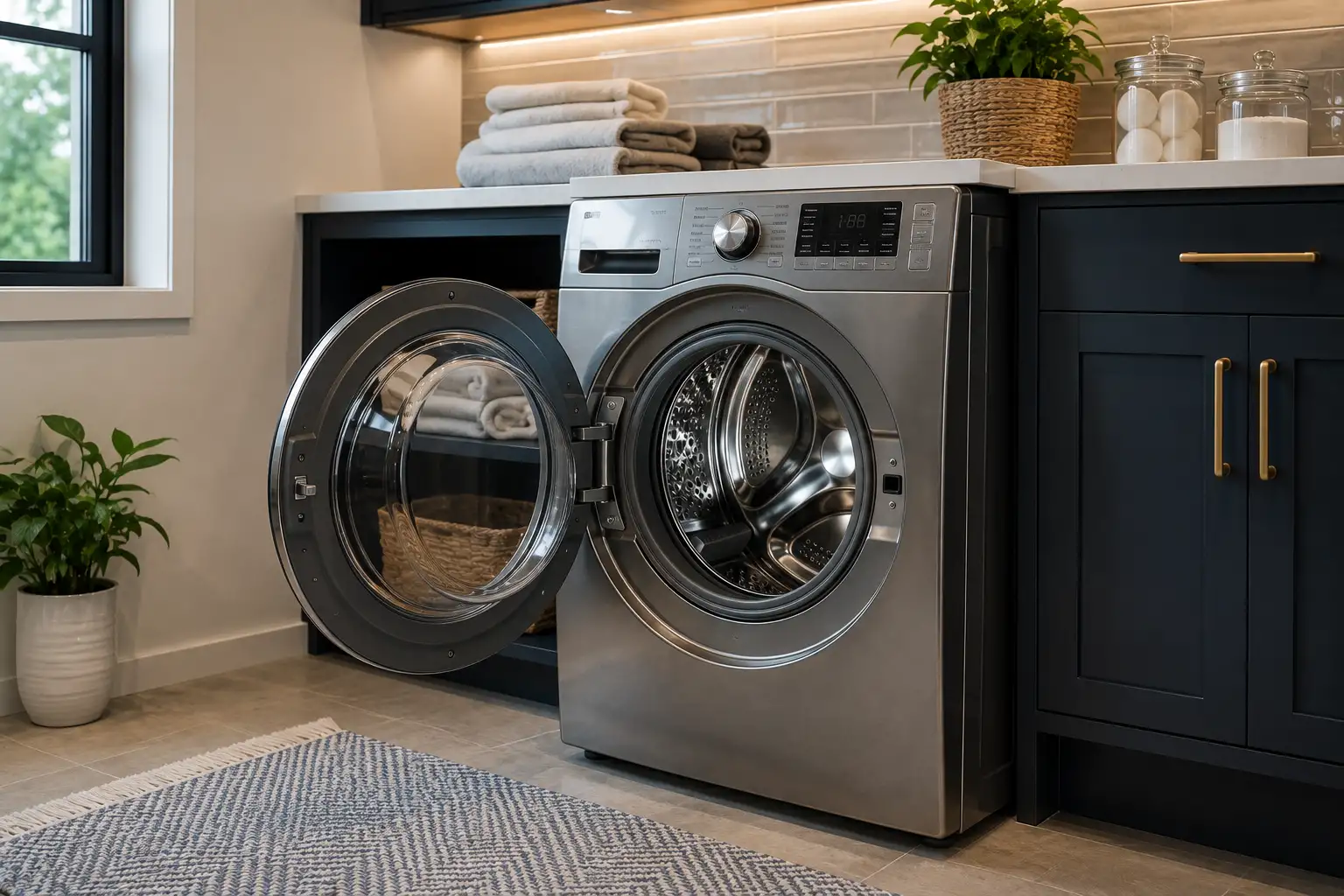 Modern front loading washer in a residential laundry room