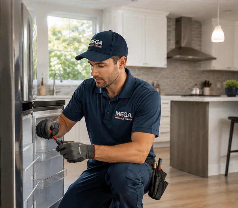 Appliance repair technician providing service in a Houston home